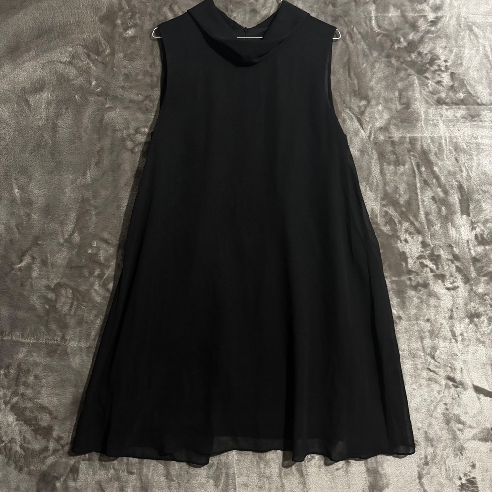 Chic Sleeveless Collared Sheer Overlay‎ Dress Black Midi Formal Work Casual